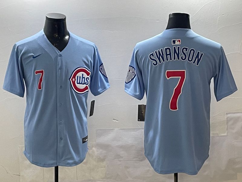 Men Chicago Cubs #7 Swanson Light Blue Throwback Fashion 2025 Nike MLB Jersey style 1